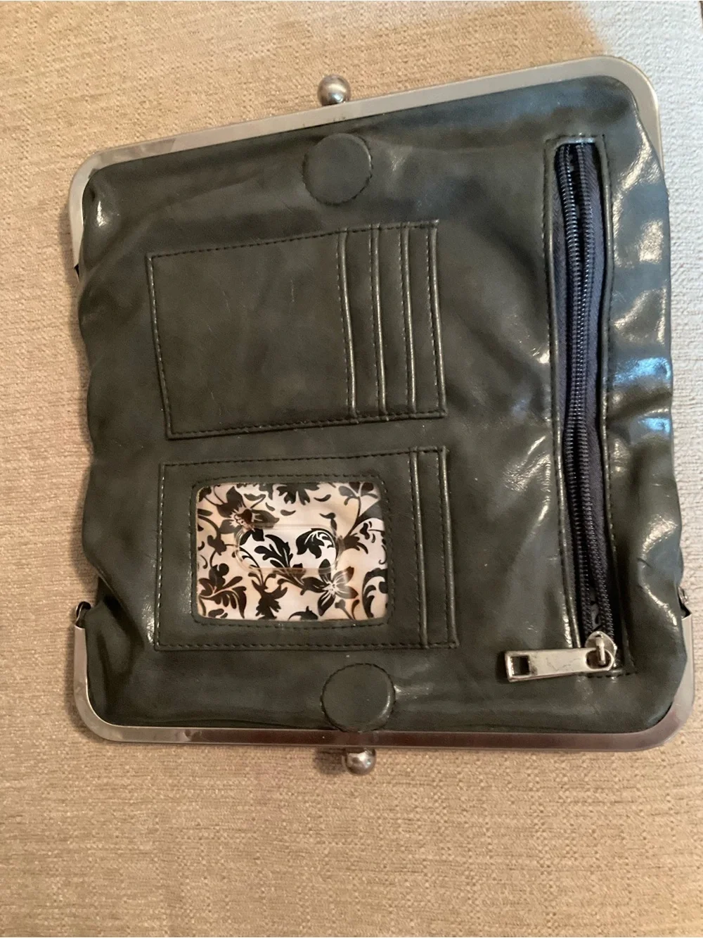 Leather Kiss-Lock Clutch Wallet - Charcoal